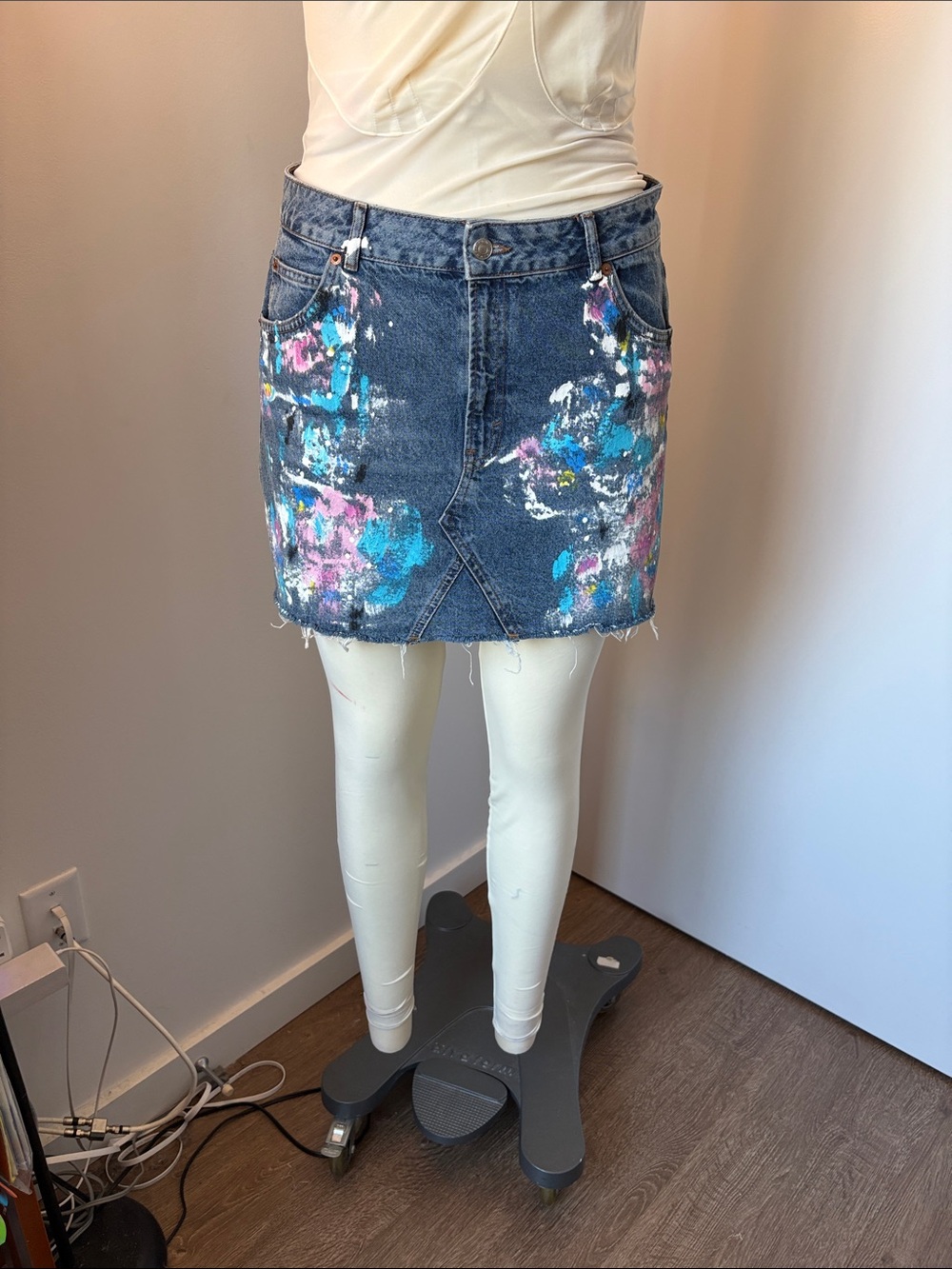 Topshop Paint-Splash Denim Mini Skirt - Blue with Multicolor Splashes